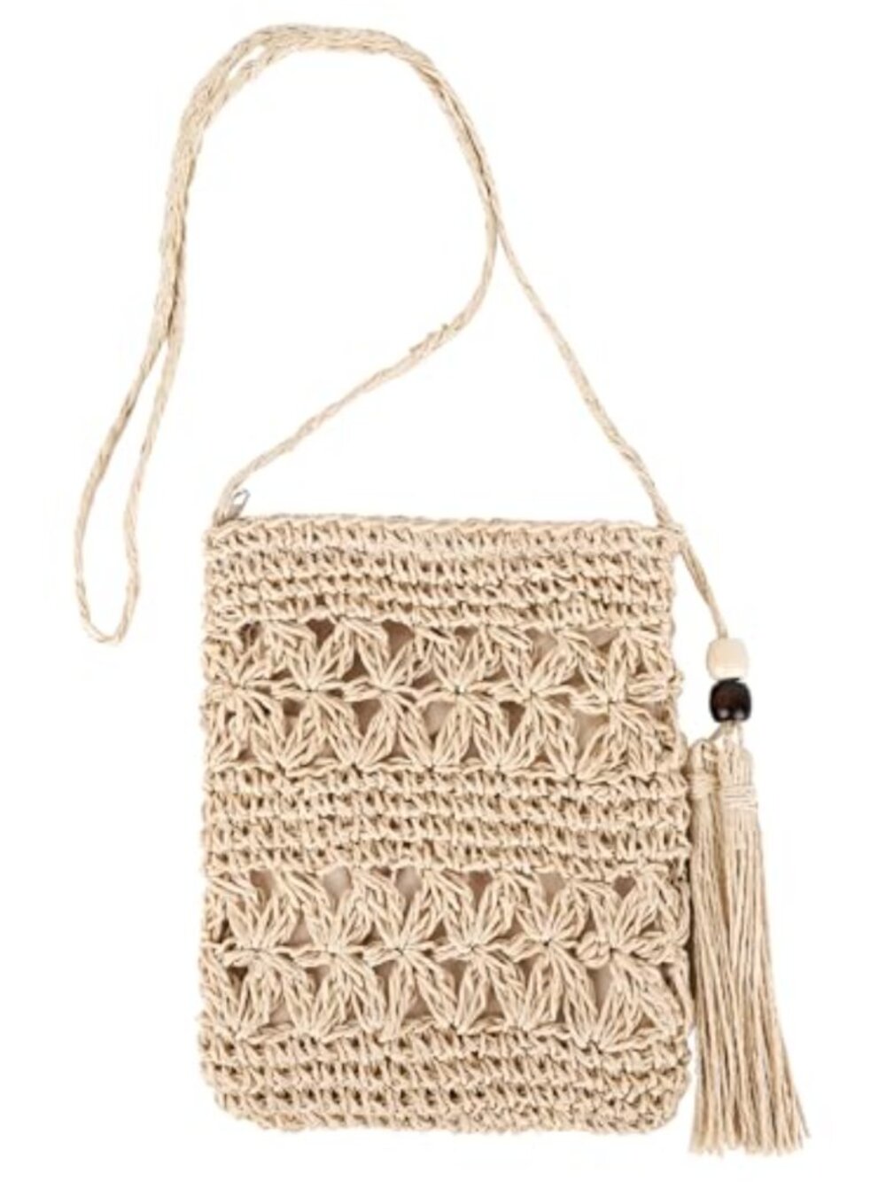 Straw Woven Horizontal Shoulder & Crossbody Bag with Beaded Tassel